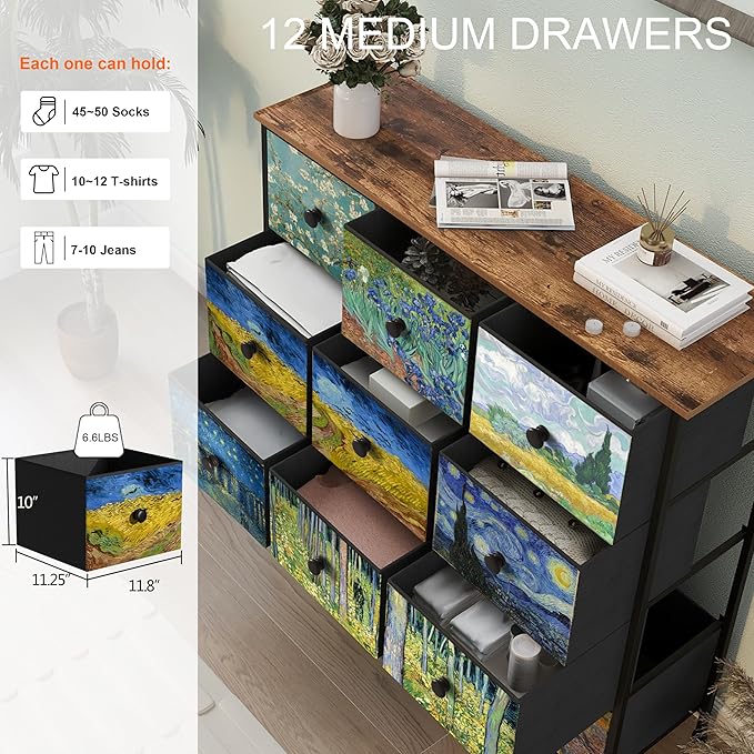 EXOTICA Dresser for Bedroom with 12 Drawers Tall Dresser & Chest of Drawers Fabric Dressers Storage Tower for Living Room Closet Hallway with Wooden Top and Metal Frame