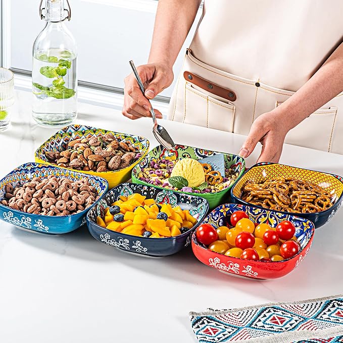 HENXFEN LEAD Boho Ceramic Square Bowls – 20 oz Colorful Bowls for Snacks, Dessert, Side Dishes, Pasta - 6 Inches Appetizer Plates Set of 6, Microwave & Dishwasher Safe