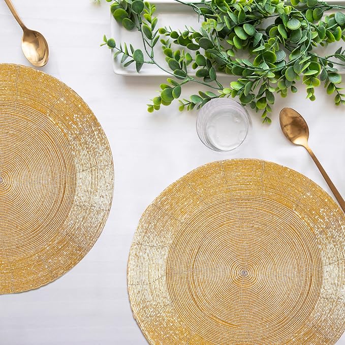 Lightnpro Champagne Beaded Placemats Set of 4-13 Inch Round Handmade Table Chargers - Rustic Farmhouse Glitz Table Décor for Dining, Christmas, Thanksgiving, Easter, Parties & Celebrations