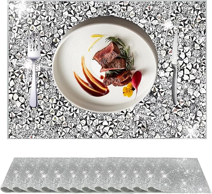 Silver Heat Resistant Square Placemats - Set of 12 with Rhinestone Decor and Sparkly Bling