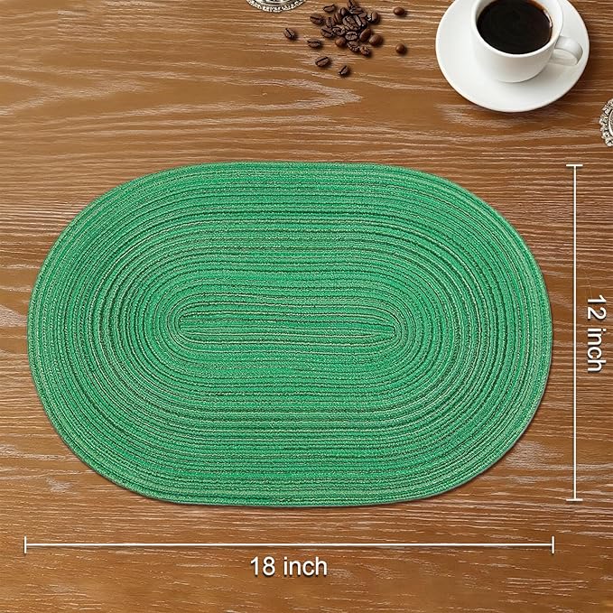 Noctiflorous Oval Braided Placemats Set of 6 Woven 12x18 Inch Non Slip Washable Heat Resistant Place Mats Round Tablemats for Dining Kitchen Party Daily Table Decor Dinner Mats (Green Shine, 6)