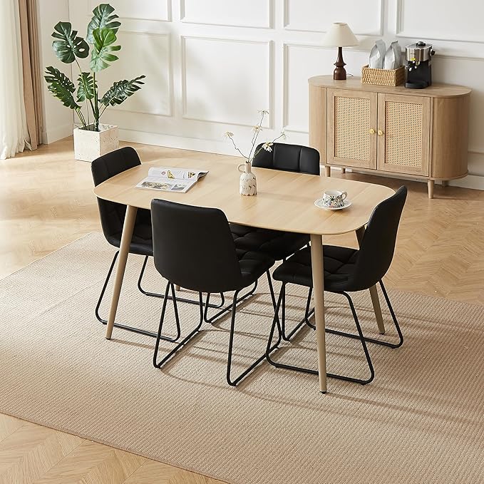 55 Inch Modern Wood Dining Table Set for 4 with Black Leather Chairs - Kitchen & Dining Room Furniture, Gray Table & 4 Seater Chairs Set (55.1")