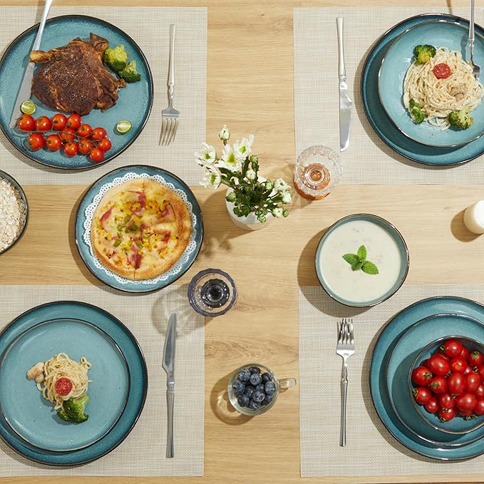 32 Piece Dinnerware Set for 8 with Pasta Bowls, Green Black Reactive Glaze Stoneware | All‑in‑One Host Set for Entertaining, Holiday Meals, Multi‑Course Dinners | Unique Irregular Coastal Look