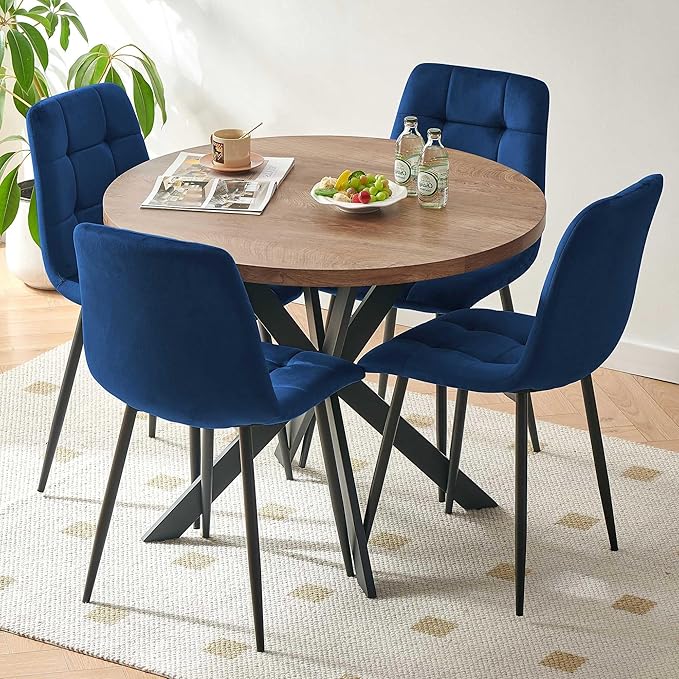 Kitchen Table Set for 4, Modern MDF Round Dining Table Set with 4 Navy Blue Dining Chairs, Upholstered Velvet Home Kitchen Chairs Armless for Space Saving