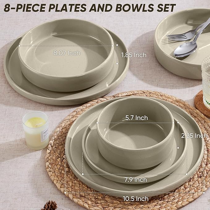 E-far 8-Piece Plates and Bowls Sets - Stoneware Dinnerware Sets with Pasta Bowls for 2 | Microwave & Dishwasher Safe Kitchen Modern Dish Set, Speckled Khaki