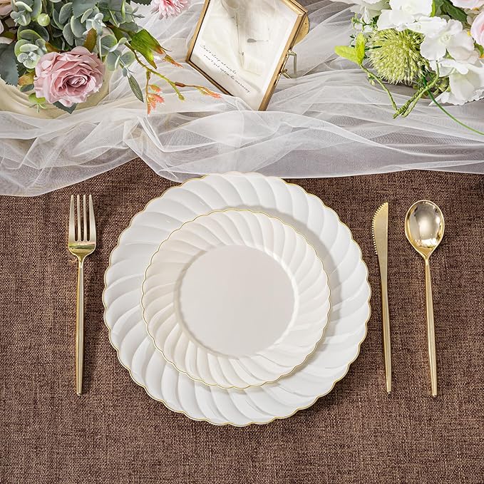 U-QE 60 Pcs Ivory Plastic Plates with Gold Trim – Scalloped Plate Disposable for Party - Elegant Plastic Plates Include 30 10.25" Dinner & 30 7.25" Dessert Plates for Party & Valentines Day