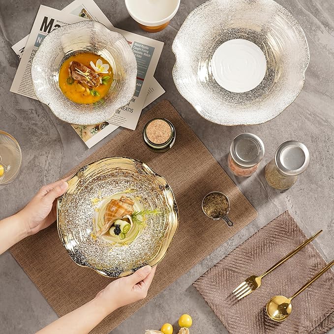 Set of 4 Lotus Edge Ceramic Bowls, 9.3-Inch Gradient Gold Design Soup Bowls with Wavy Rim, 23.5cm Food-Safe Porcelain for Dining & Gifting