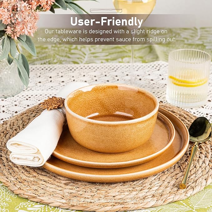GBHOME Ceramic Dinnerware Sets for 6, 18 Pieces Stoneware Plates and Bowls Sets, Scratch Resistant Dishes, Dishwasher & Microwave Safe, Reactive Glaze-Amber