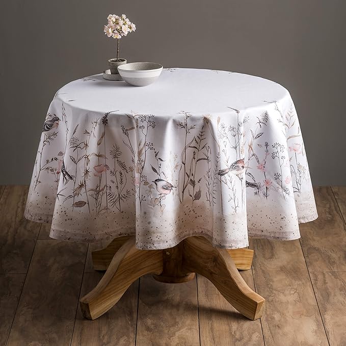 Maison d' Hermine Table Cloth Round Table 100% Cotton 63 Round Inches Tablecloth Reusable Decorative for Dining Room Farmhouse Home Valentines Day Decorations Spring Summer - Meadow Florals - Brown