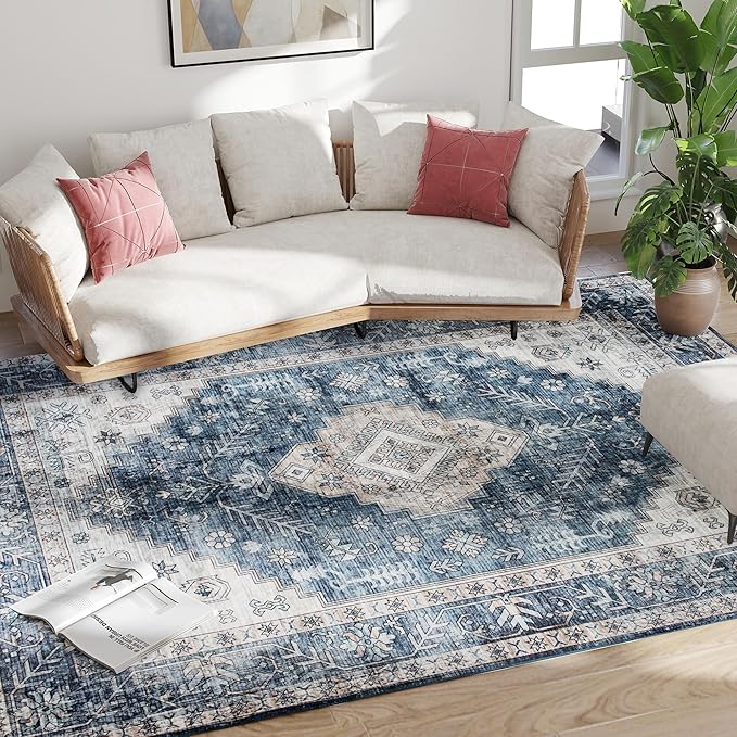 HOMCOM Washable Area Rug, 8'x10' Vintage Indoor Distressed Carpet, Retro Floor Cover Foldable, Floral Print Mat for Living Room, Bedroom, Dining Room, Blue