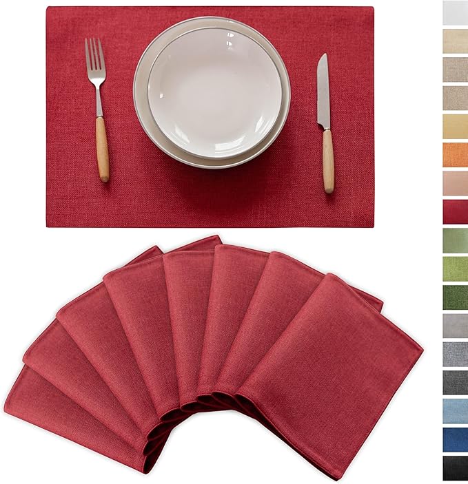 Demetex Red Placemats Set of 8 Fade Resistant Linen Placemats Modern Decorative Table Placemat for Valentines Day Holiday Wedding Birthday, 13x19 inch, Wine Red