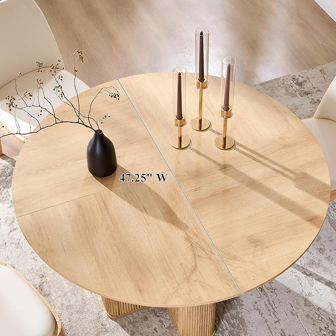 T4TREAM 47" Fluted Round Dining Table for 4-6, Mid-Century Modern Kitchen Table with Thickened Edge & Sturdy Pedestal Base for Kitchen Living Room,Natural Oak(Table Only)