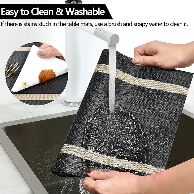 SLKQG Black Placemats Set of 8 - Easy Clean Modern Durable Washable Vinyl Place Mats - Heat Resistant Placemats for Kitchen Table - PVC Table Mats for Dining Table (Black with Stripes, 8)