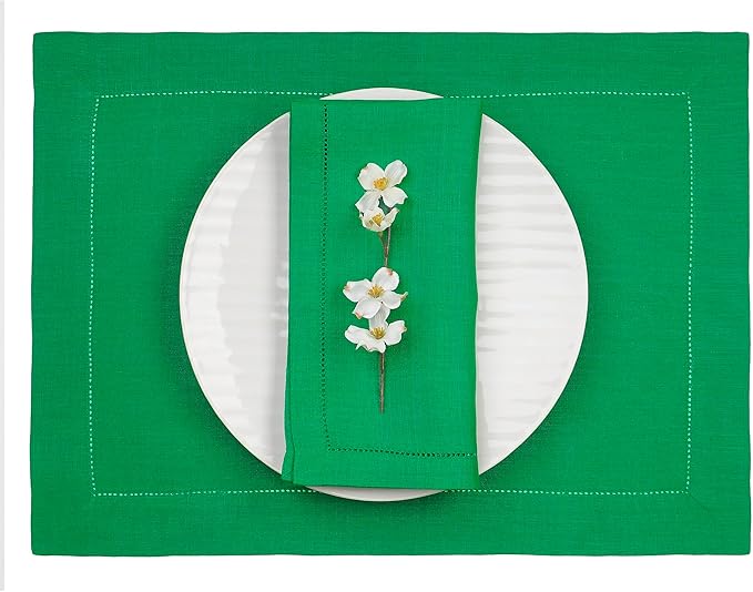 D'Moksha Homes Linen Placemats Set of 4 - Classic Hemstitch Kelly Green Placemats 14 x 19 Inch - 100% Pure Linen Table Mats for St Patricks Day, Easter - Handcrafted and Machine Washable