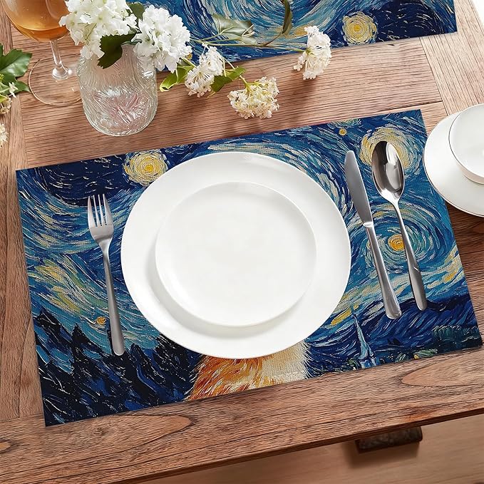 Cute Cat Cloth Placemats,Blue Starry Sky Heat-Resistant Table Placemats Set of 6, Washable Linen Place Mats for Dining Room Table Decor Home Restaurant Cafes Holiday Party 11.8x17.7 Inch