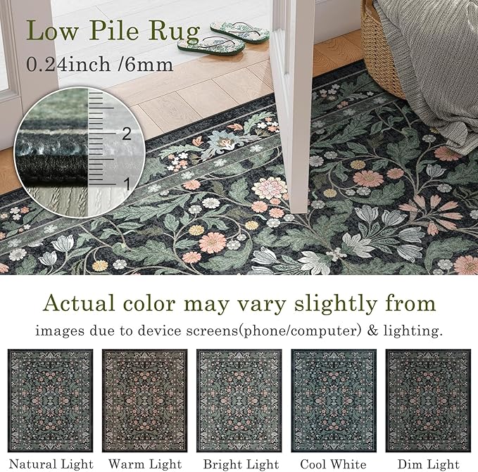 Dark Green Floral 5x7 Area Rugs for Living Room Large Washable Rug Vintage Forest Low Pile Non Slip Stain Resistance Soft Carpet for Dining Room, Bedroom, Office Rug, Kids Room, Nursery Room, Playroom
