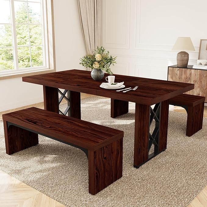 3-Piece Dining Table Set for 6 People, 70.8'' Rectangle Kitchen Table with 2 Benches for Breakfast Nook, Dining Room Furniture(Walnut Table+2 Benches)