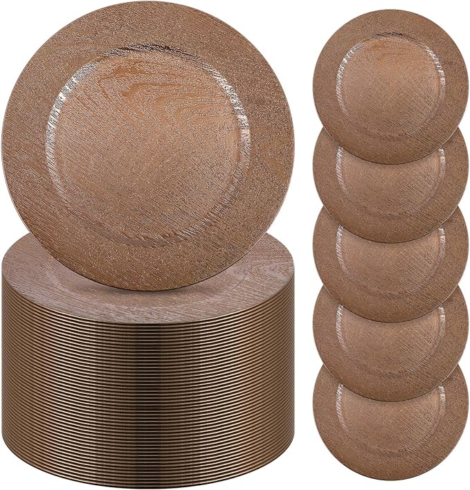 Mifoci 100 Pcs Faux Wooden Charger Plates 13 Inch Round Rustic Plastic Plates Antique Design Bulk Decorative Chargers for Dinner Tray for Wedding Dinner Table Farmhouse Party Event (Brown)