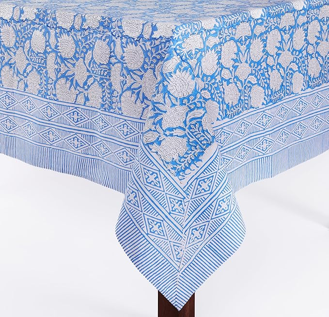 ATOSII Azora Blue 100% Cotton Rectangle Fall Tablecloth, Handblock Floral Print Linen Table Cloth for Kitchen Dining I Parties, Outdoors, Christmas, Thanksgiving I 72 X 140 Inches I 12 Seater