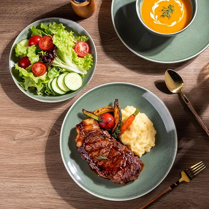 AmorArc Ceramic Dinnerware Sets for 4, 12 Pieces Handpainted Plates and Bowls Set, Scratch Resistant Stoneware Dishes Set, Dishwasher & Microwave Safe, Jade Green