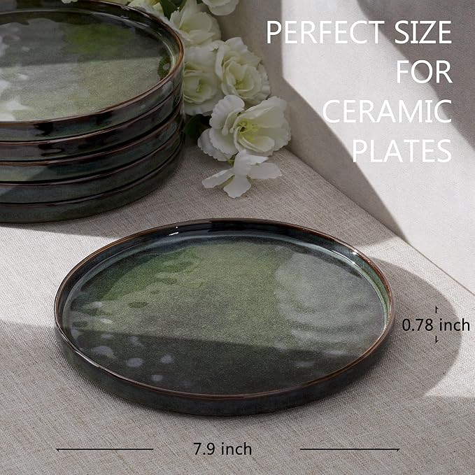 LIANYU Ceramic Dessert Plates Set of 6, 7.9 Inch Kitchen Dinner Plates Set, Porcelain Serving Dishes for Cake, Bread, Salad, Snack and Steak, Microwave, Oven and Dishwasher Safe, Ink Green