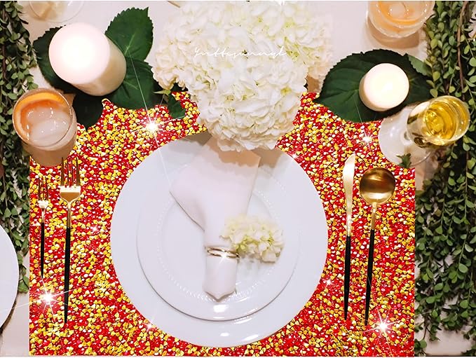 Red and Gold Placemats Colorful Bling Diamond Decor Table Mats Glitter Sparkly Heat Resistant Mat Set of 4 for Home Weedding and Party