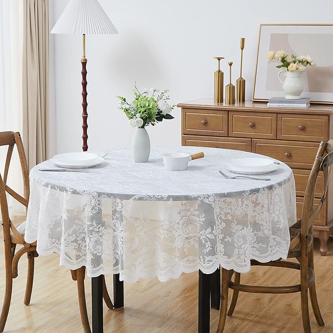 Warm Home Designs 70 Inch Round Tablecloth with English Rose Design. Use as Circle Tablecloth, Rustic Tablecloth or as Elegant Lace Table Cloth. White Table Clothes for 4-6 Guests. LTC White 70"