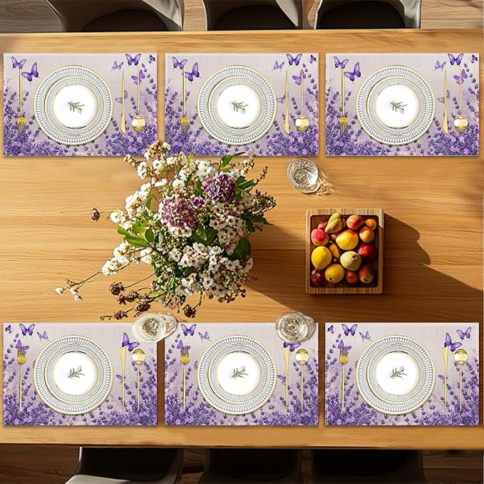 6 Pcs Placemats,Lavender Butterfly Placemat,Purple Table Mats Washable Recyclable Table Placemats for Indoor Outdoor Heat Resistant Kitchen Dining 12"x18"