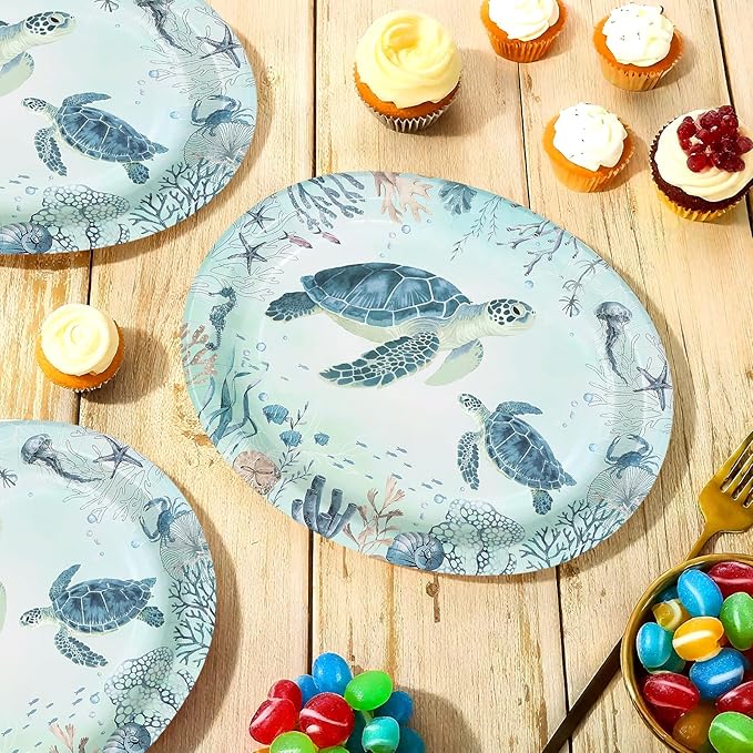 50Pcs Coastal Turtle Oval Paper Plates 10" X 12" Large Disposable Heavy Duty Ocean Blue Sea Turtles Paper Platters Sea Coral Starfish Plates for Holiday Summer Birthday Party Supplies