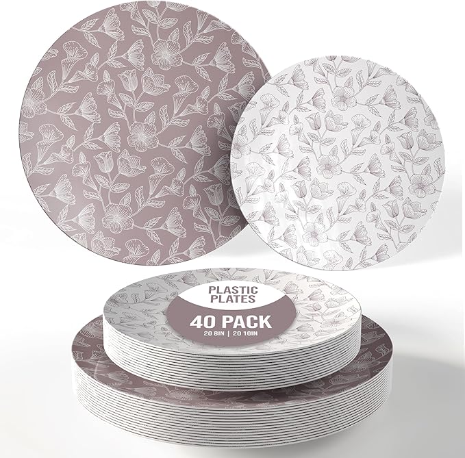 Trendables Disposable Dinnerware Decorative Plates Plastic Disposable Plates Set For 20 Guests 20 x 8 Inch Dessert Plate & 20 x 10 Inch Wedding Party Plate Set Blossom Circle