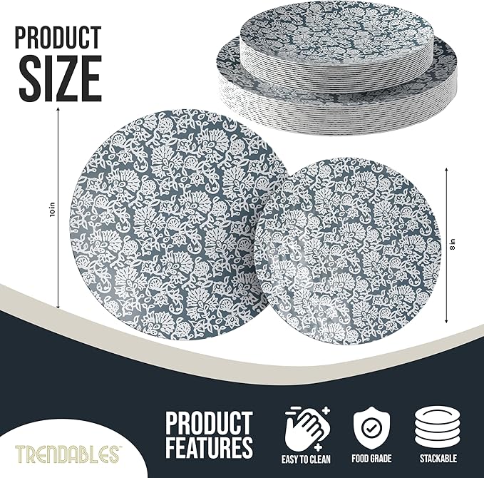 Trendables Disposable Dinnerware Decorative Plates Plastic Disposable Plates Set For 40 Guests 40 x 8 Inch Dessert Plate & 40 x 10 Inch Wedding Party Plate Set Garden Damask