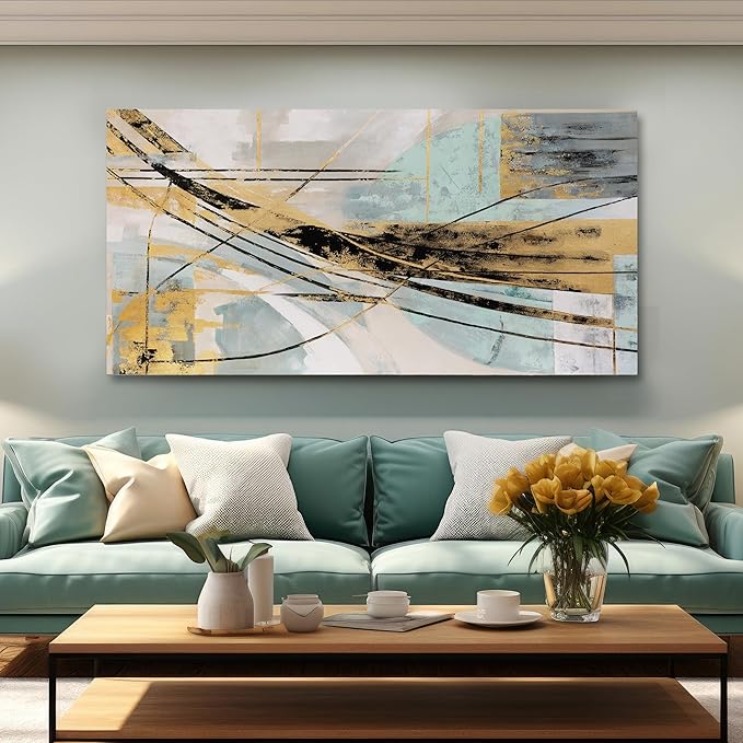 Abstract Wall Art Framed Wall Decor Modern Canvas Abstract Wall Art Black-Gold and Blue Grey Abstract Artwork for Living Room Bedroom Dining Room Home Office Decor 20"x40"
