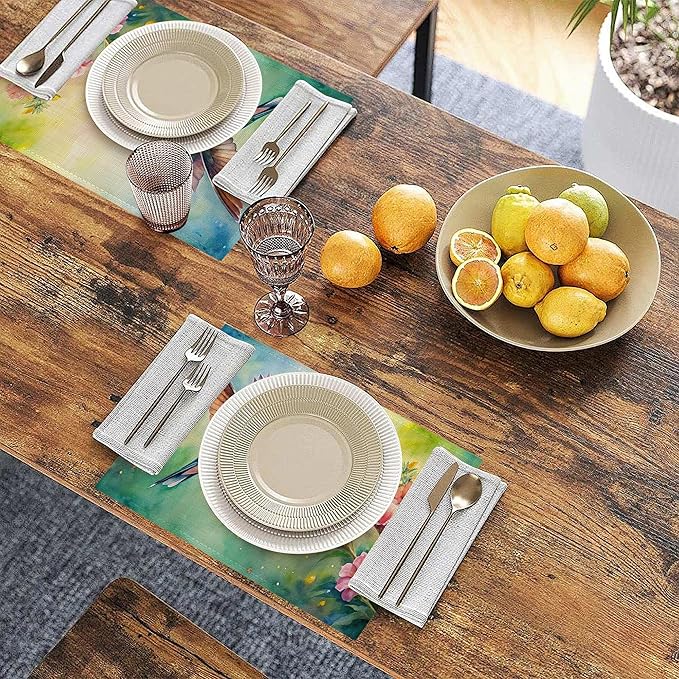 Table Placemats Set of 6, Waterproof Linen Fabric, Non-Slip Backing & Easy Clean, Elegant Dining Table Protectors for Family and Guests(Watercolor Hummingbird Flowers)