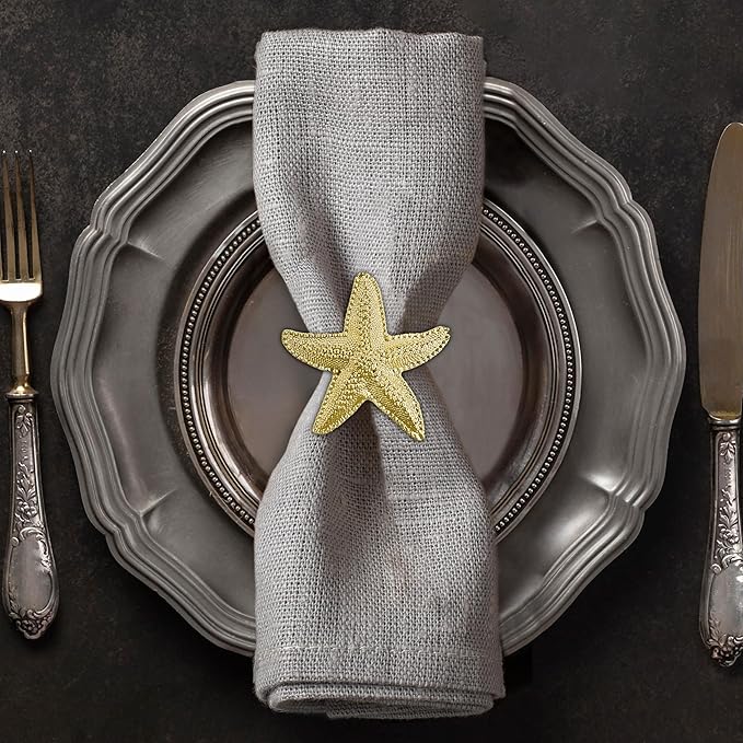Decozen Set of 4 Gold Napkin Rings in Star Fish Design, Festive, Table Decor Setting for Holiday, Wedding, Birthday, Kitchen, Home Decor, Housewarming Gift - Mothers Day Decorations