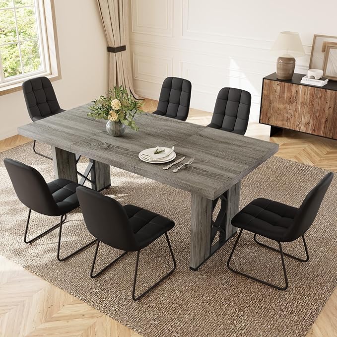 7-Piece Dining Table Set for 6 People, 70.8" MDF Kitchen Table with 6 Upholstered Chairs, Space-Saving for Dining Room, Breakfast Nook(Grey Table+6 U-Shaped Black Chairs)