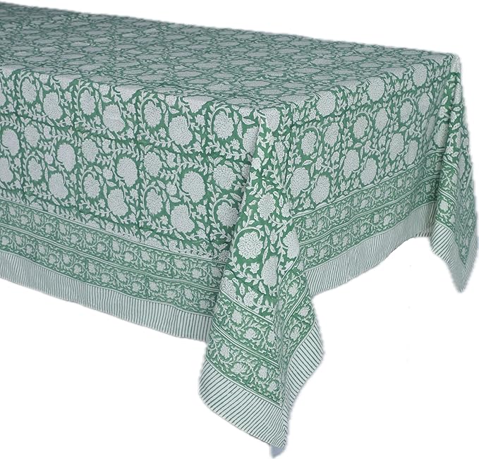 ATOSII Shalimar Green 100% Cotton Rectangle Fall Tablecloth, Handblock Floral Table Cloth Linen for Kitchen Dining I Parties Wedding Outdoors Christmas Thanksgiving I Fall Home Decor 60 X 108 Inches