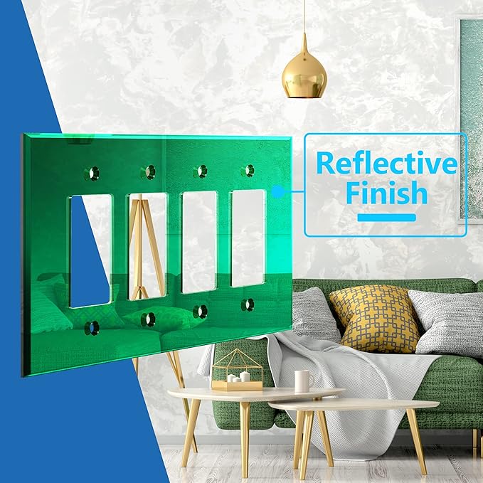 LIDER Reflective Acrylic Decorator Wall Plate, Mirrored Light Switch Plate, Plexiglass Outlet Cover, Acrylic Glass, Oversized 4-Gang 5.25" x 8.88", LWP-34O-AGR5P, Green, 5 Pack