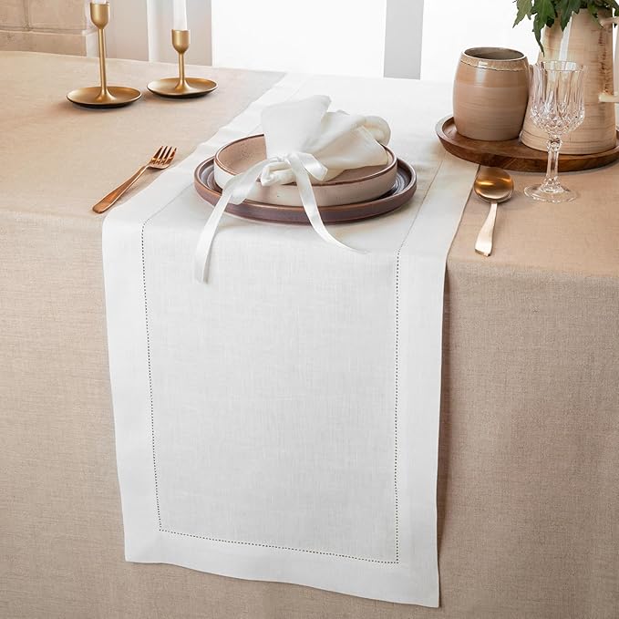 D'Moksha Homes Linen White Table Runner 60 Inches - Classic Hemstitch, 100% Pure Linen Coffee Table Runner 14 x 60 Inch Ideal for Dresser Tables, Valentines, Spring, Easter
