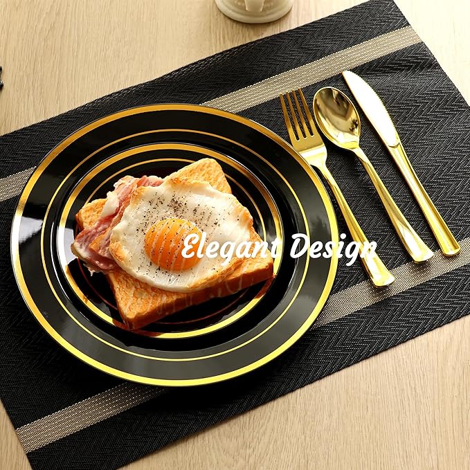 60 PCS Black and Gold Plastic Plates, Disposable Party Black Plates Include 30 10 inch Dinner Plate and 30 7 inch Dessert Plate Perfect for Holiday, Birthday, Wedding & Party