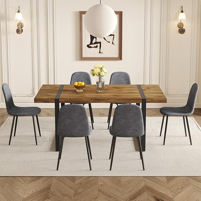 Dining Table Set for 6, Modern 71'' Dark Wood Dining Table and Fabric Dining Chairs Set of 6,Table and Chairs Set of 6,Ideal for Kitchen Dining Room