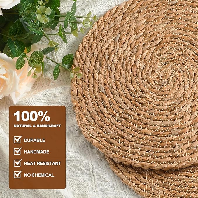 Round Woven Placemats 12 inch Set of 4 - Boho Rattan Placemat Natural Water Hyacinth Placemats, Farmhouse Weave Place Mats, Rustic Braided Wicker Table Mats for Dining Table,Home,Wedding