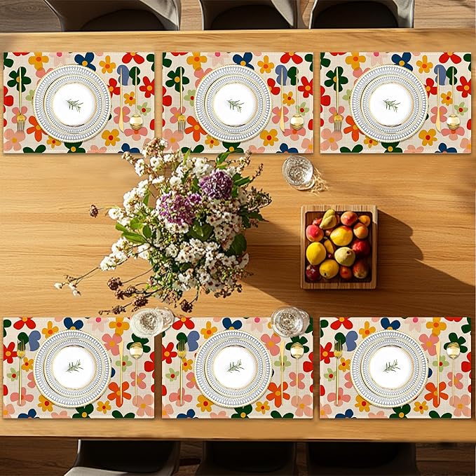 6 Pcs Placemats,Vintage Groovy Flowers Placemat,Colorful Table Mats Washable Recyclable Table Placemats for Indoor Outdoor Heat Resistant Kitchen Dining 12"x18"