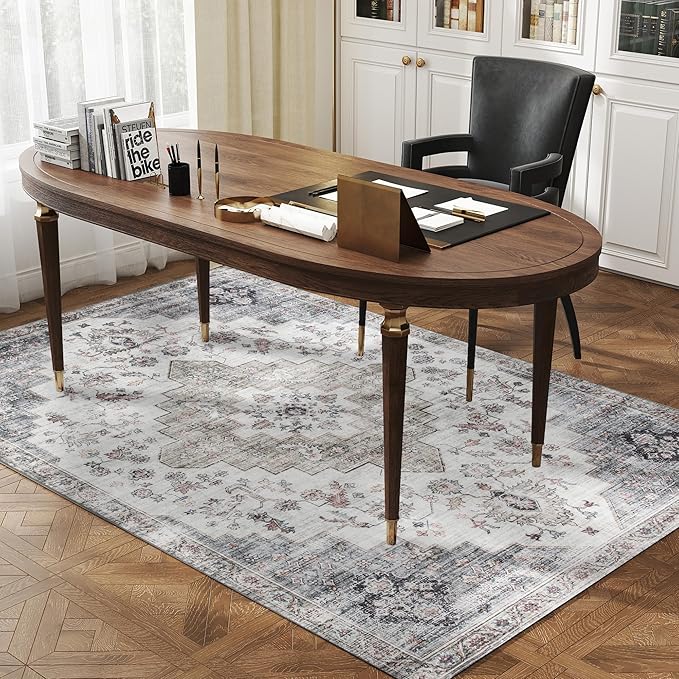 HOMCOM Washable Area Rug, 4'x6' Vintage Indoor Distressed Carpet, Retro Floor Cover Foldable, Floral Print Mat for Living Room, Bedroom, Dining Room, Brown and Green