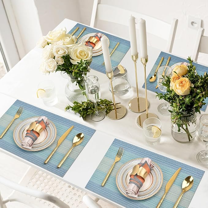 SLKQG Placemats Set of 8 - Easy Clean Washable Vinyl Placemats - Wipeable Heat Resistant Table Mats for Dining Table - 17.7x11.8 Inch (8, Blue Gradient)