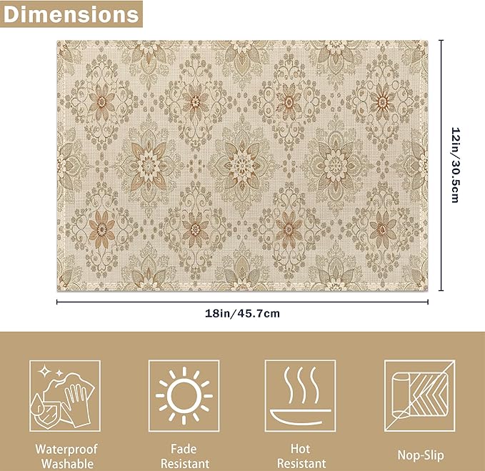 Elegant Beige and Brown Floral Pattern 12x18 Inch Placemats Set of 6 - Waterproof, Non-Slip & Washable Table Mats for Kitchen & Dining Table Placemats
