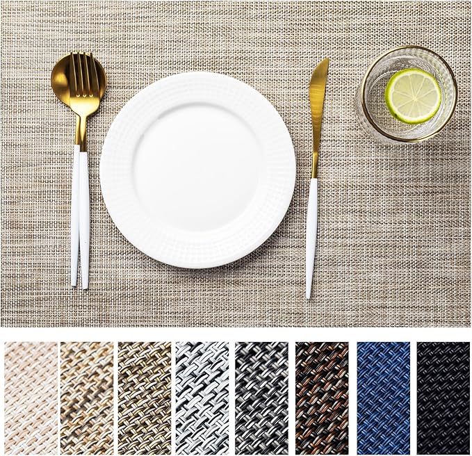 LEXMORE PlaceMats Set of 12 Vinyl/Plastic Woven Place Mats for Kitchen Table Indoor/Outdoor Washable PlaceMat Wipeable Dining Table Mats(Caramel)