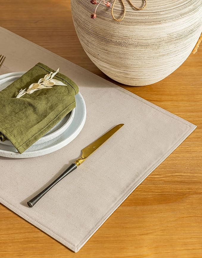 Linen Cloth Table Placemats Set of 4 Beige Dining Table Mats for Indoor Neutral Boho Kitchen Plate Place Mats Washable Water Repellent 12x18 Inch