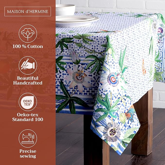 Maison d' Hermine Table Cloth Square Table 100% Cotton 54 x 54 Inches Tablecloth Reusable Decorative for Dining Room Farmhouse Home Valentines Day Decorations Spring Summer - Passiflora