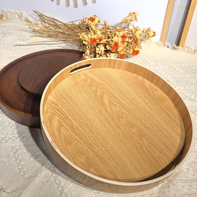 i-lan 16 Inch Large Wooden Lazy Susan Turntable - Wood Rotating Serving Tray for Dining Table & Countertop, Round Table Top Organizer with Handles, High Edges & Non-Slip Base