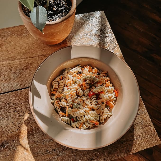 Mora Ceramic Wide Rimmed Soup Bowl 25oz, Set of 4 - For Pasta, Italian, Spaghetti, Dipping Bread, Fancy Dinner etc. Large Plate/Bowls Hybrid For Everyday & Restaurant Use, Flat Rim - Assorted Neutrals